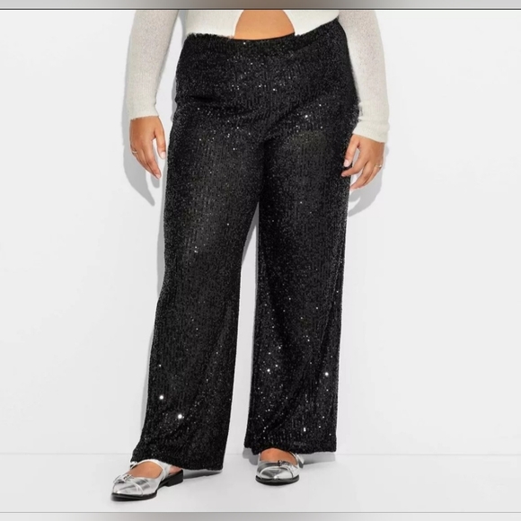 Women's Mid-Rise Wide Leg Holiday Sequin Pants - Wild Fable Black XXL - Picture 1 of 7